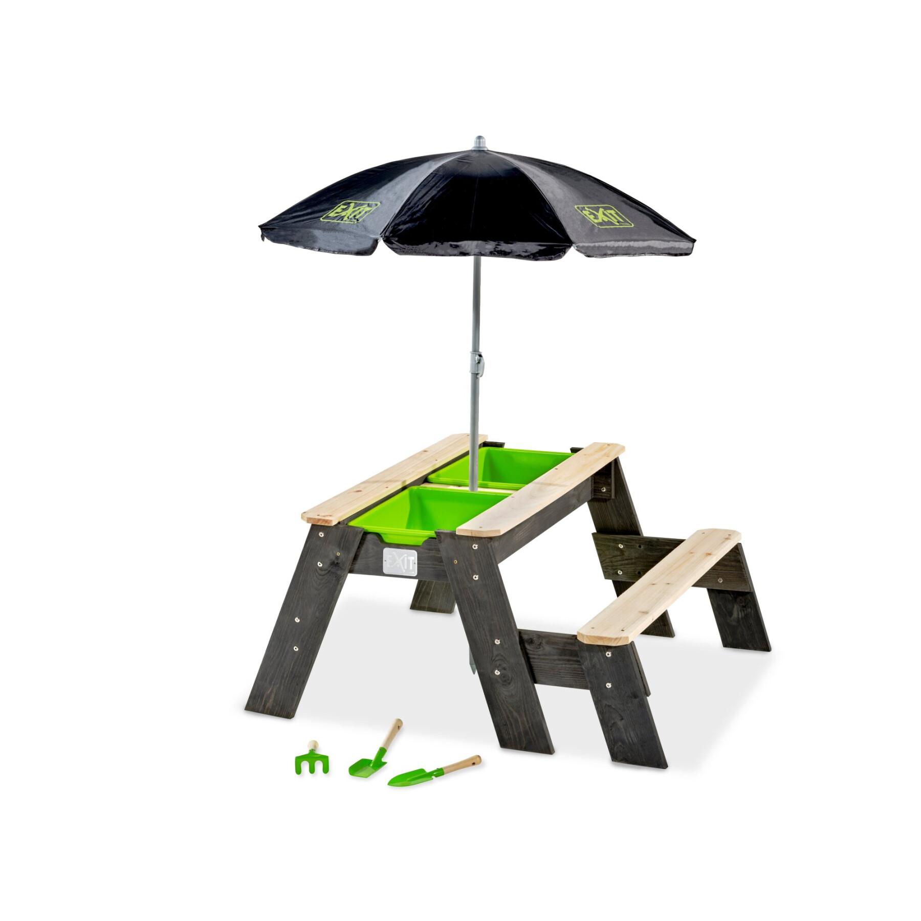 Tavolo per attività con sabbia e acqua e tavolo da picnic (1 panca) con ombrellone e attrezzi da giardinaggio Exit Toys Aksent